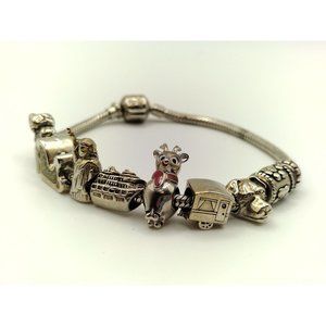 Sterling Silver Sliding Charm Reflection Beads Bracelet Dog Sled Reindeer 7.75"